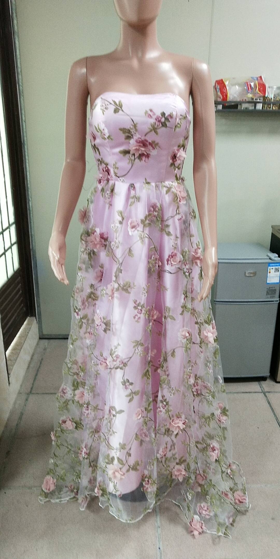 Pink Flower Lace Strapless Bride Wedding Formal Party Evening Dress（Processing time need 3-6 days） 6