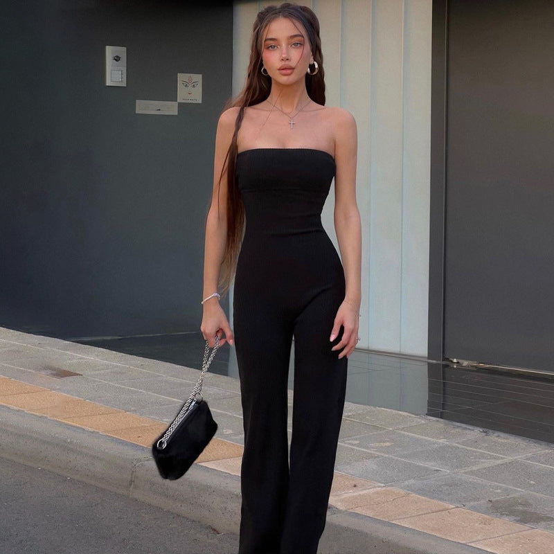 Women Spring Summer Chic Solid Strapless Jumpsuit 4