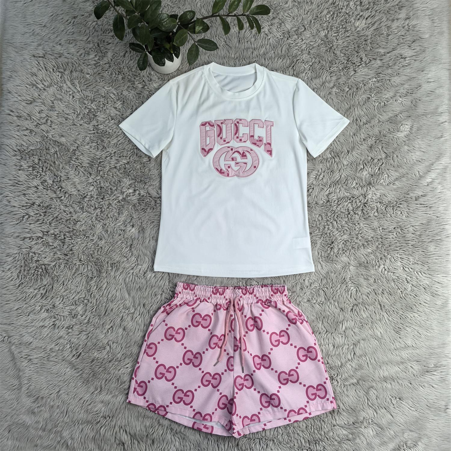 Women Summer Embroidered Printed Short Sleeve Top and Shorts Two-Piece Set 11