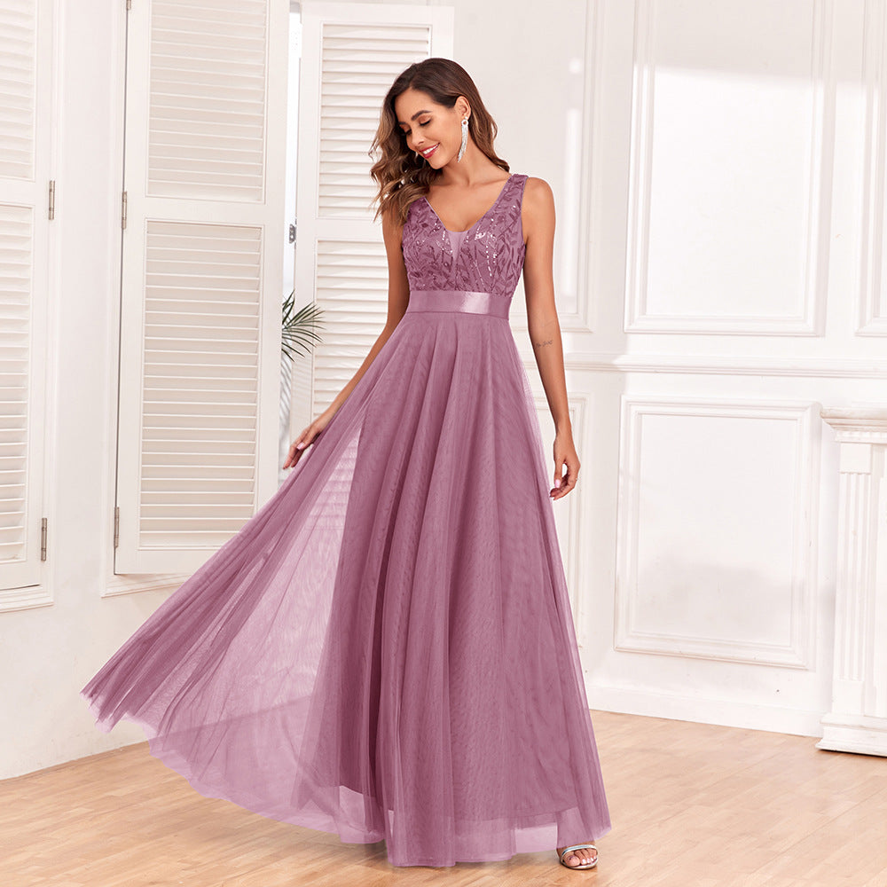 Patchwork Elastic Waist Sleeveless Double V Neck Evening Gown with Embroidered Tulle Elegant Long Swing Party Dress 9