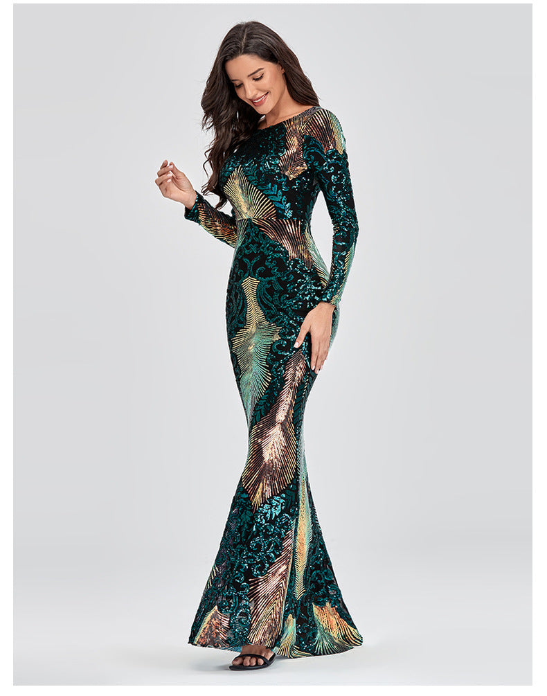 Plus Size Women Stretch Elegant Long Sleeve Round Neck Backless Sequined Mermaid Evening Gown 7