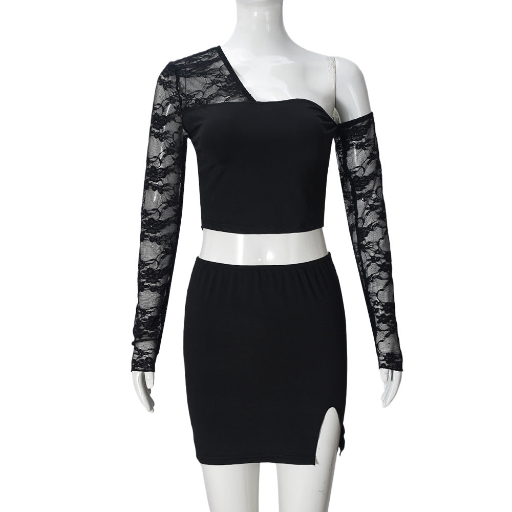 Women Spring and Summer Lace Sexy Hollow One-shoulder Irregular Top and Skirt Two-piece Set 5