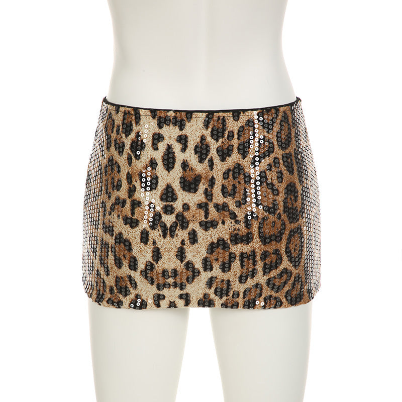 Street Fashion Leopard Print Sequin Bodycon Two-Piece Skirt Set 9