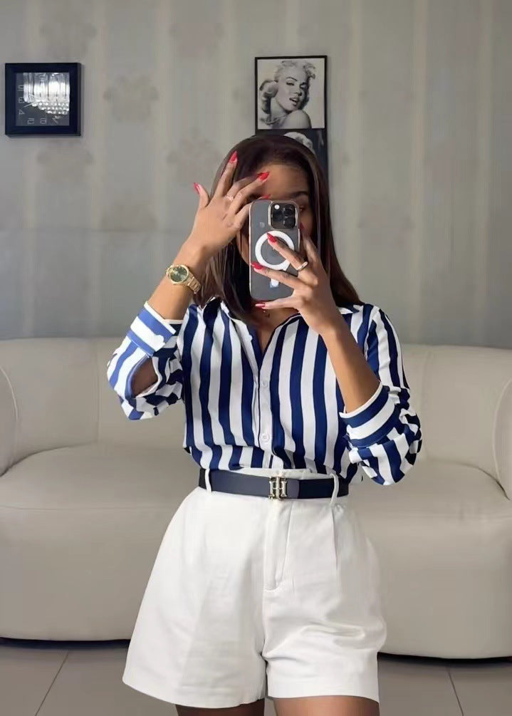 Women's Spring Fashionable Blue Striped Shirt 4