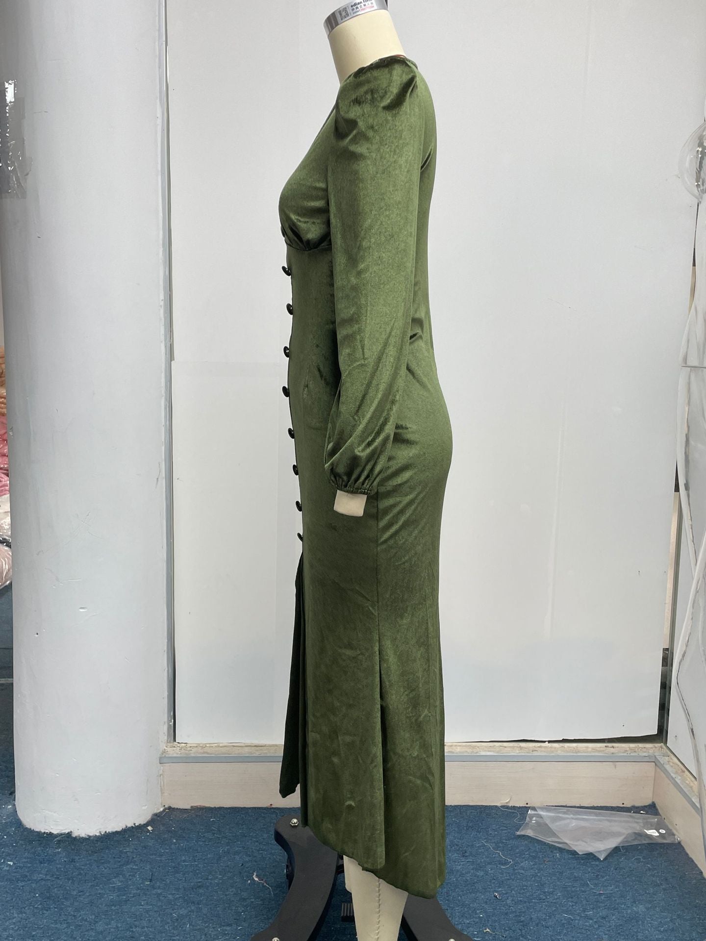 Women Autumn Knittingv Collar Solid Padded Shoulder Long Sleeve Slit Evening Dress 30