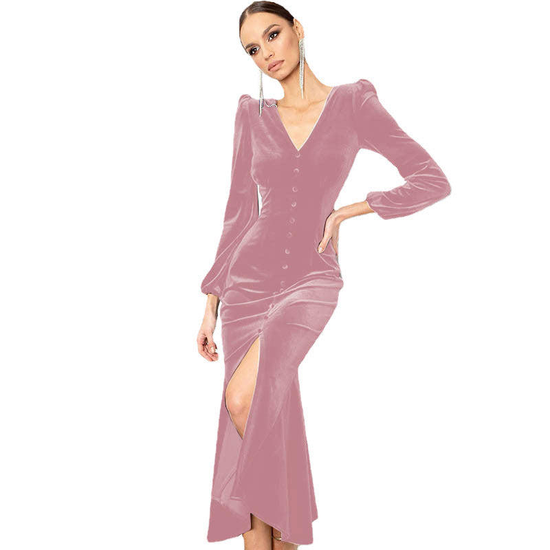 Women Autumn Knittingv Collar Solid Padded Shoulder Long Sleeve Slit Evening Dress 19