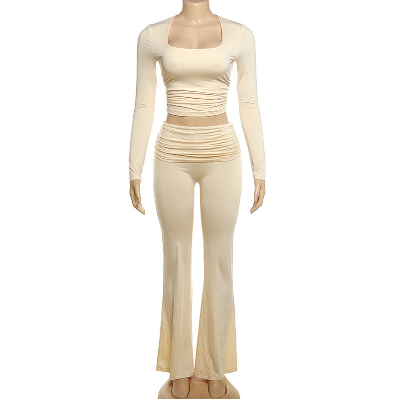 Autumn Fashion Solid Color Casual Square Neck Long-Sleeved Slim Two Piece Pants Set 9