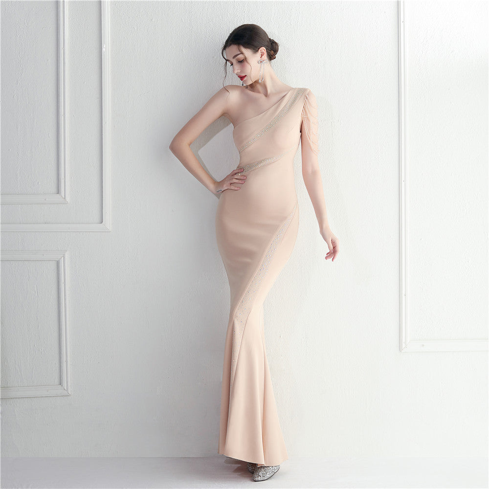 Trendy Beaded One Shoulder Slash Shoulder Sexy Long Evening Gown 7