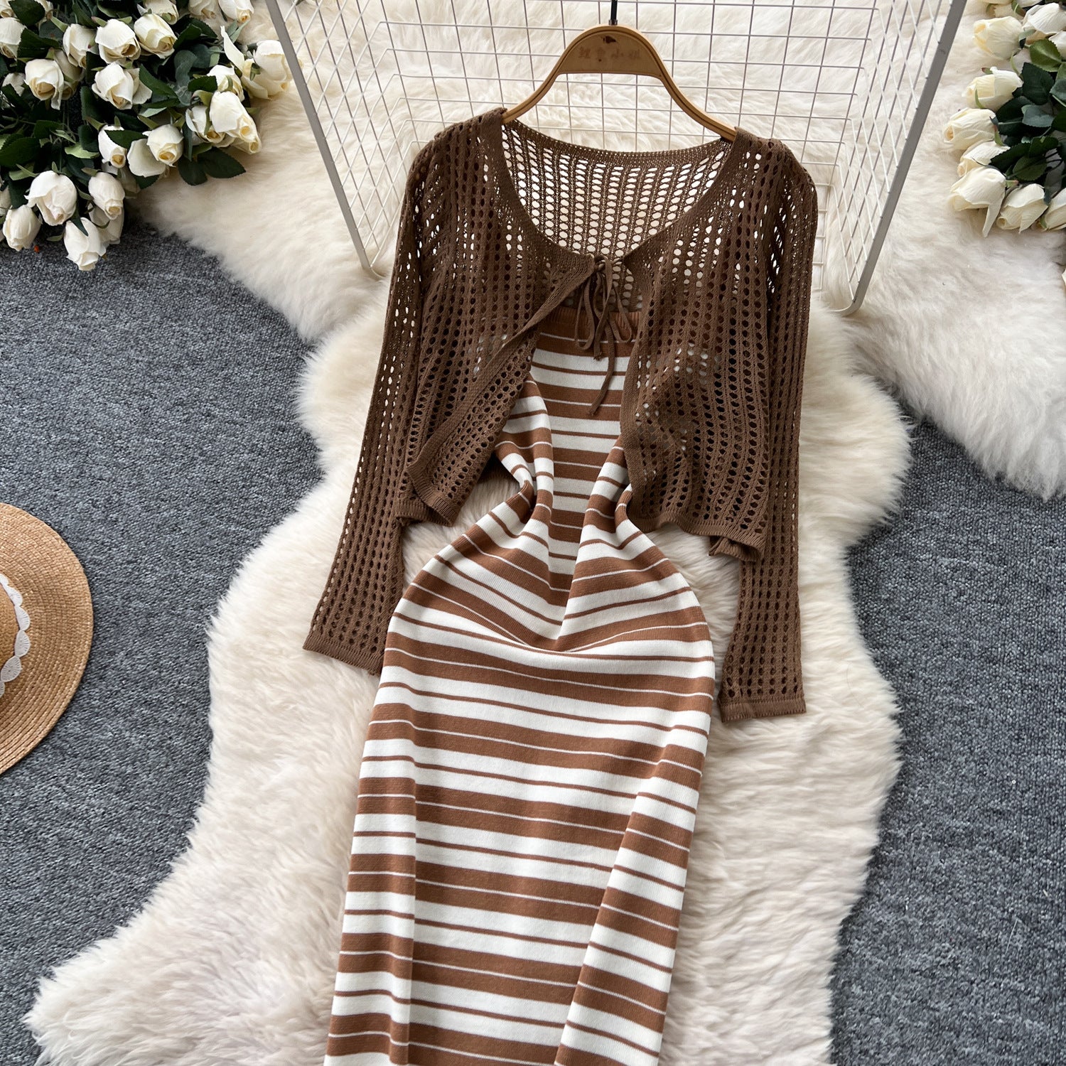 Tie Up Cardigan Low Back Strap Slim Fit Chic Stripes Knitting Dress 26