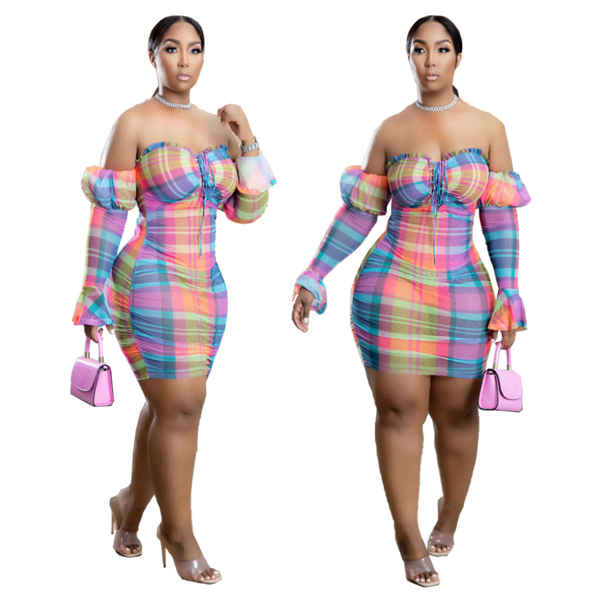 Women Print See-Through Mesh Off Shoulder Dress