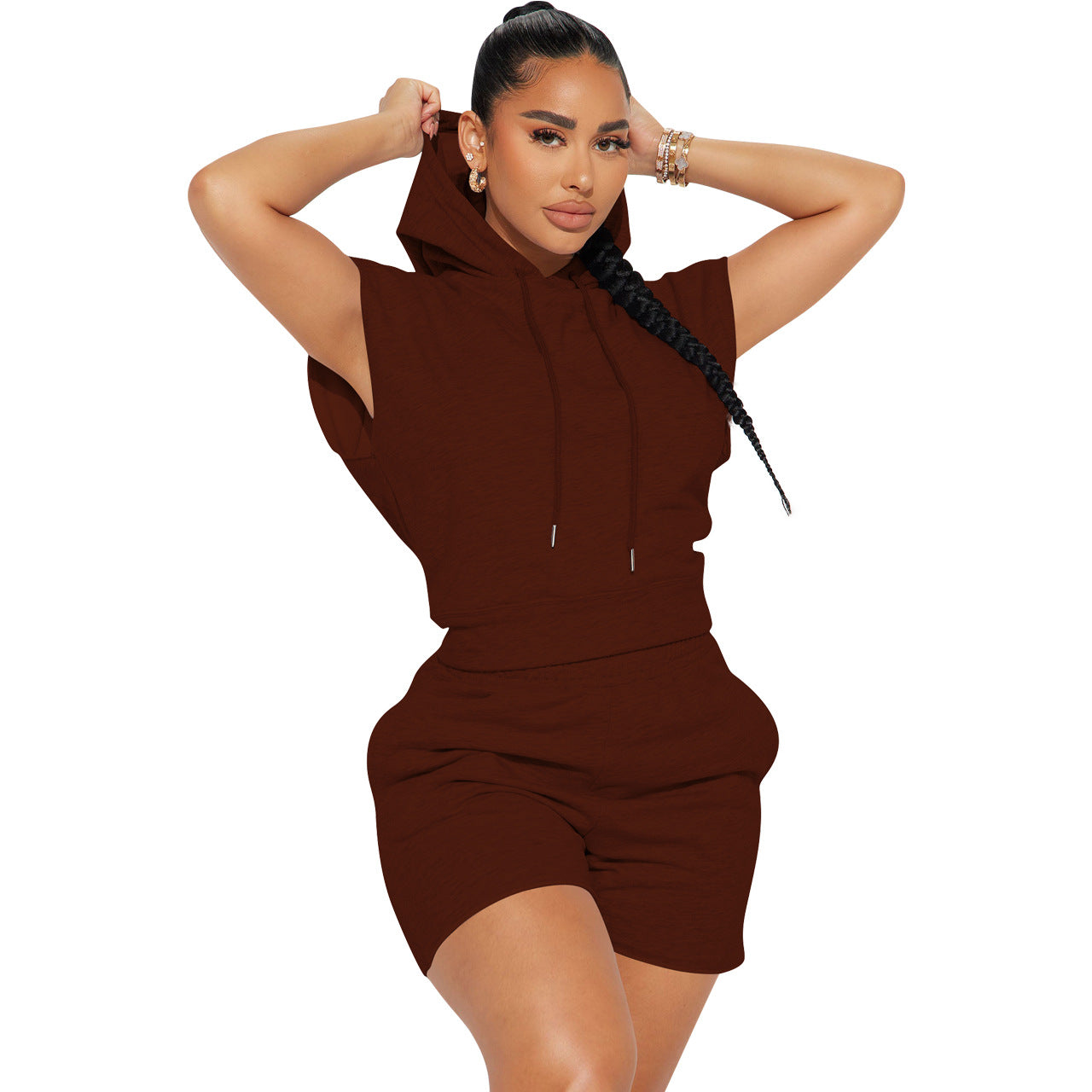 Women's Fashion Casual Sport Hooded Short Sleeve Two-Piece Shorts Set Women's Clothing 9