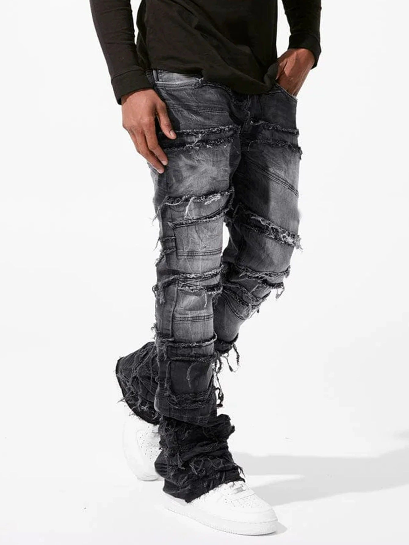 Street Fashion Men's Straight Leg Elastic Patch Denim Pants