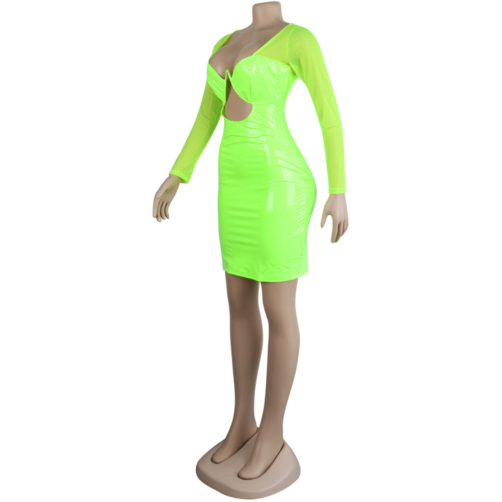 Sexy Women's Solid Color Mesh Leather Patchwork Hollow Long Sleeve Party Dress 13