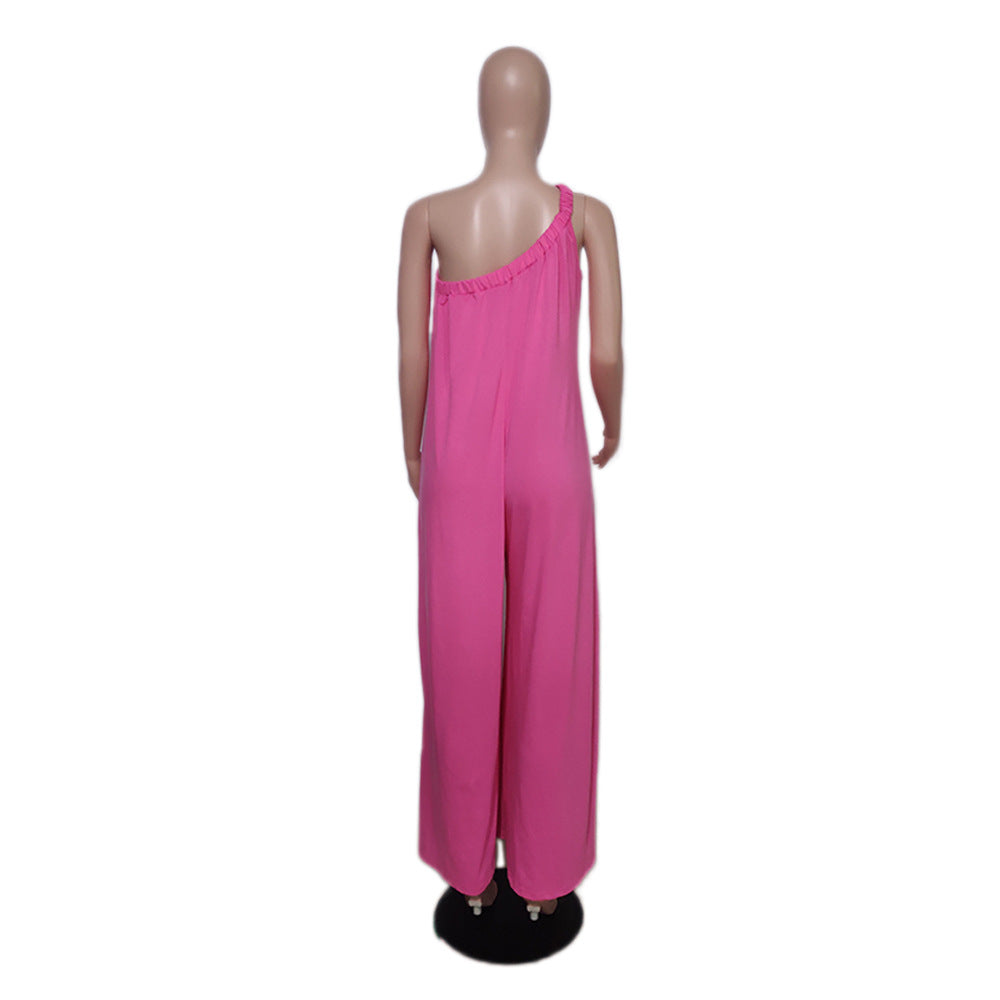 Women Solid Color Slash Shoulder Loose Jumpsuit 11