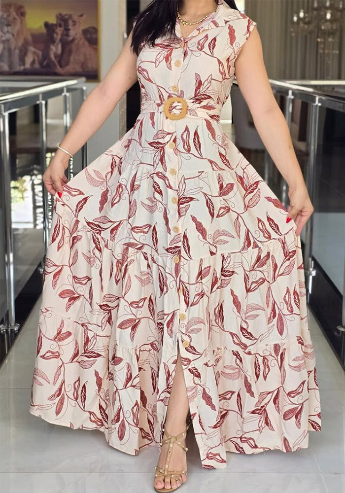 Women Holidays Casual Belt Sleeveless Turndown Collar Dress