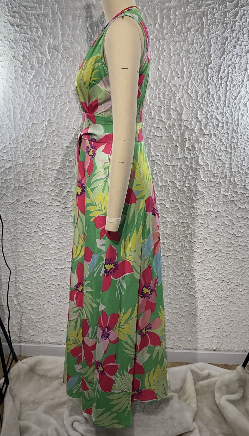 Summer Women's V-Neck Printed High Waist Belt Swing Maxi Dress 16