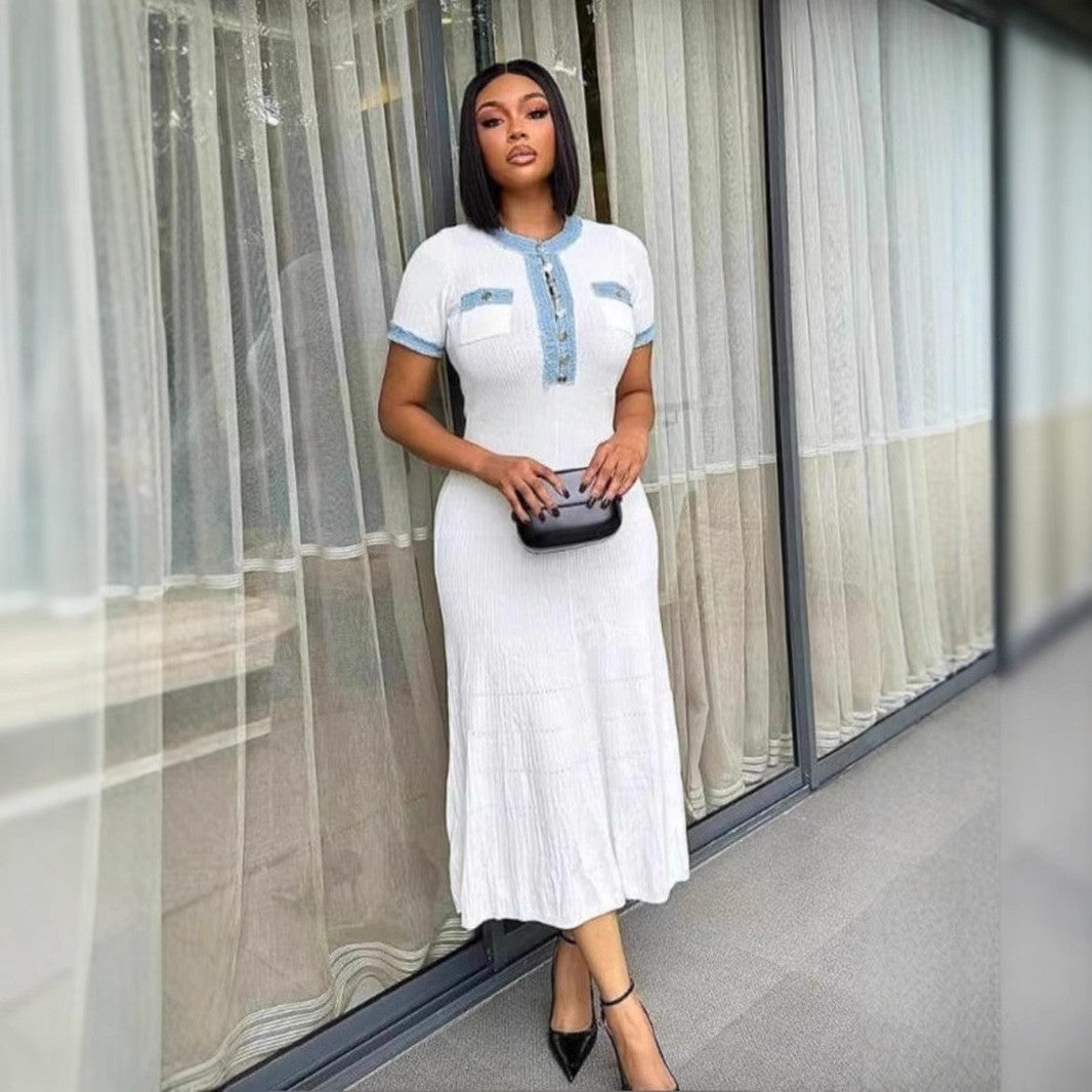 Denim Patchwork Round Neck Metal Button Slim Women's Knit Dress 5