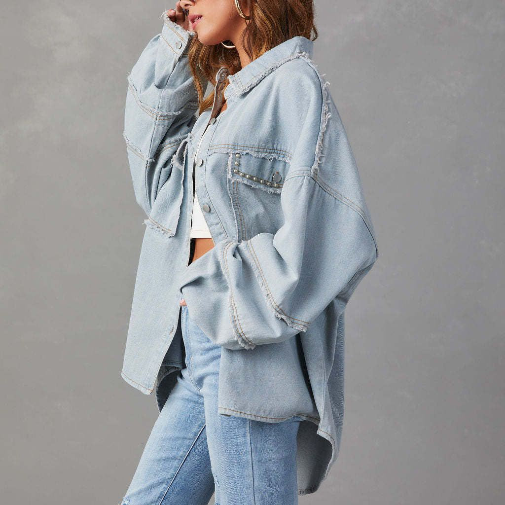 Women Autumn Rivets Turndown Collar Beard Denim Jacket