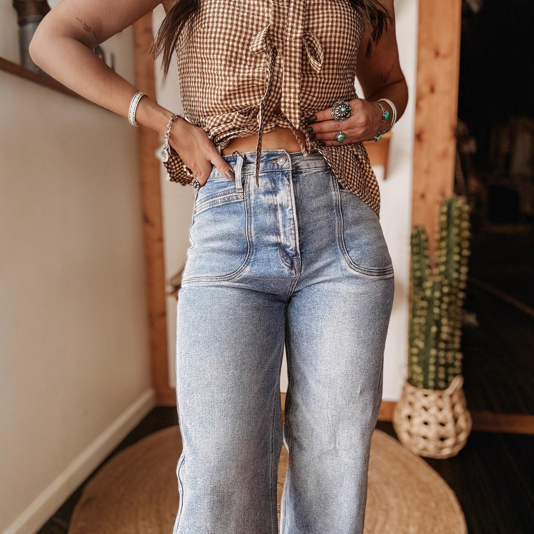 Women's Fashion Casual Washed Stretch Mid-Rise Straight Leg Denim Pants 4