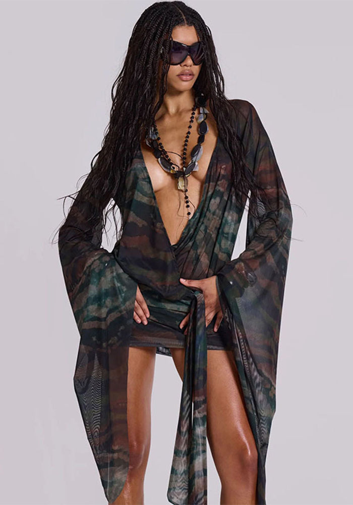 Women Summer V Neck Sexy Mesh Print Bodycon Dress