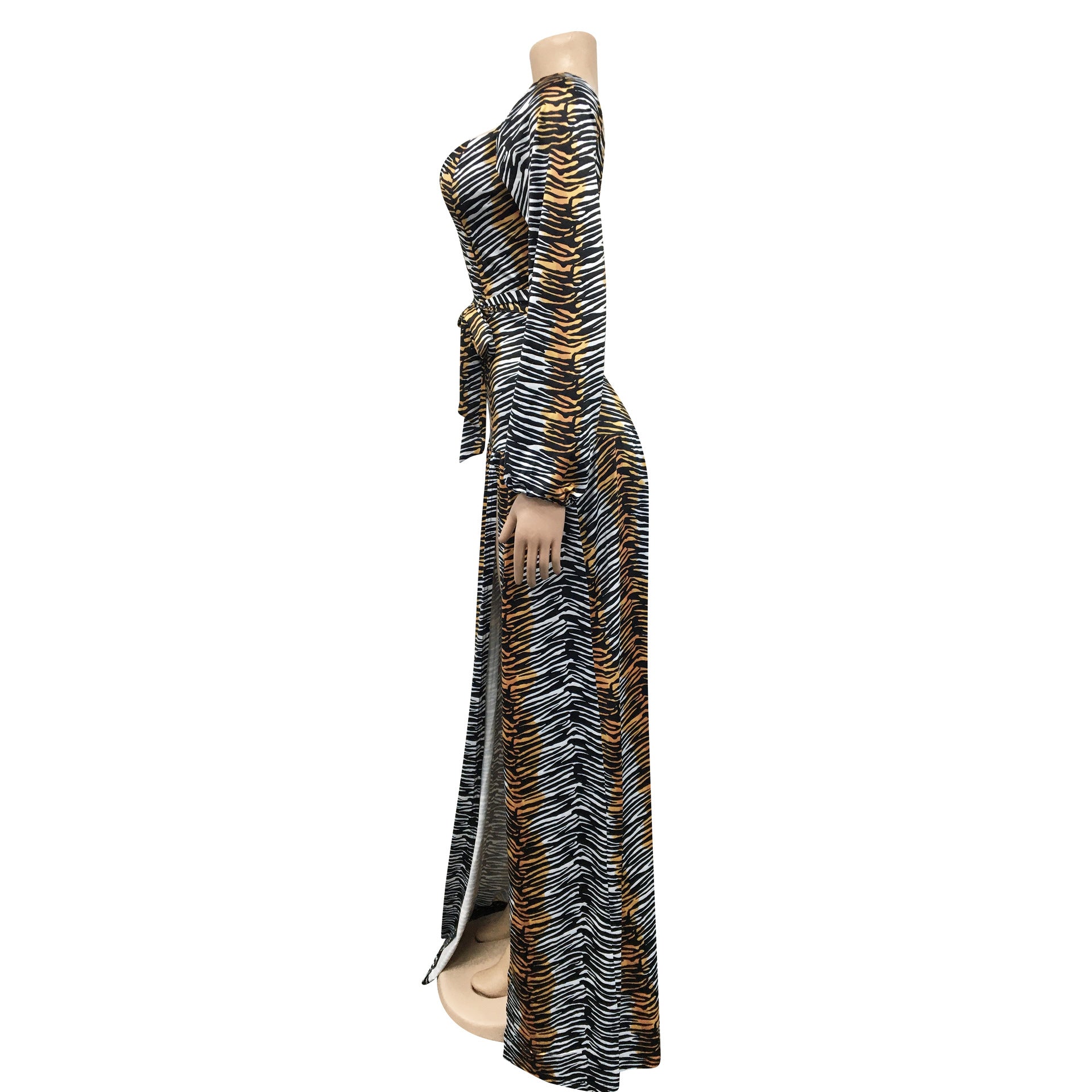 Printed V-Neck Wrap Chest Long Wide-Sleeve Irregular Slit Maxi Dress 9
