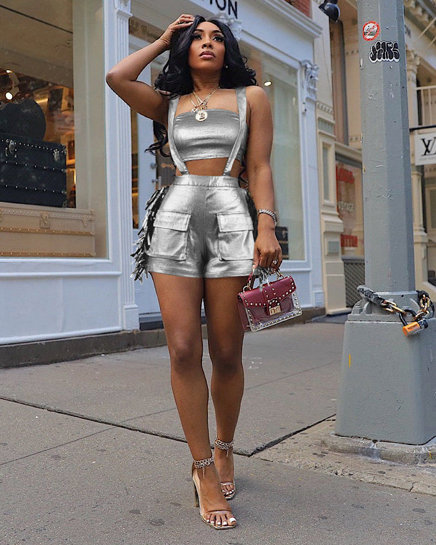 Women Sexy Wrapped Chest And Tassel Bib Shorts two piece Set 5