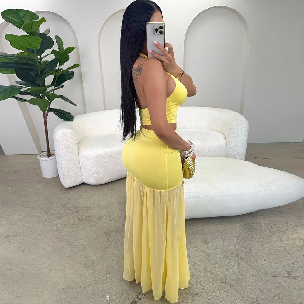 Women sexy cutout sexy top patchwork skirt two-piece set 3