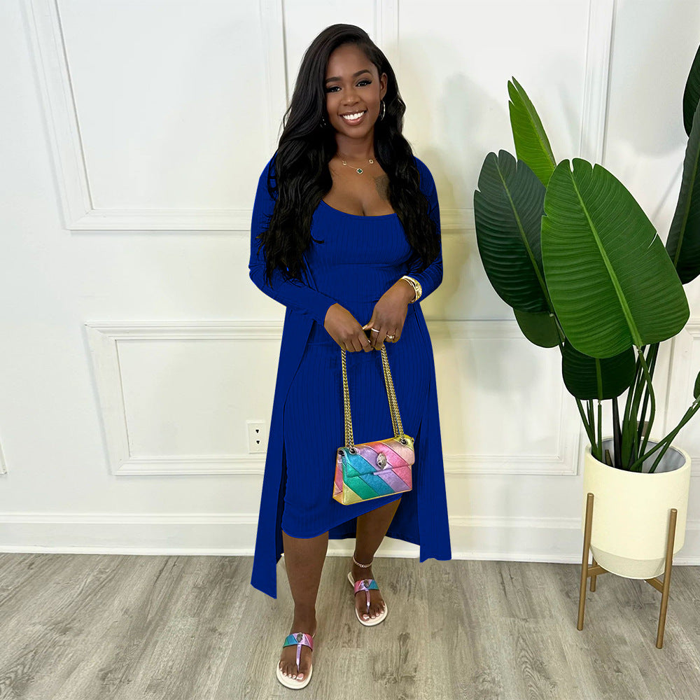 Women Ribbed Long Sleeve Robe and U-neck Suspender Midi Dress Two-piece Set 9