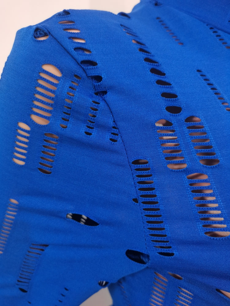 Spring Blue Sexy Hollow Out Tight Top and Pants Two Piece Set 8