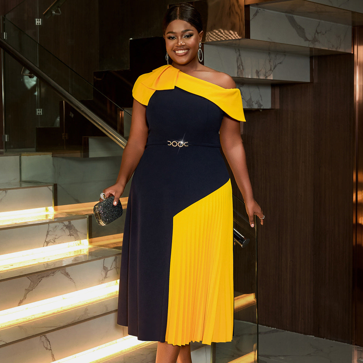 Women Style One Shoulder Collar Contrast Patchwork Party Dresses