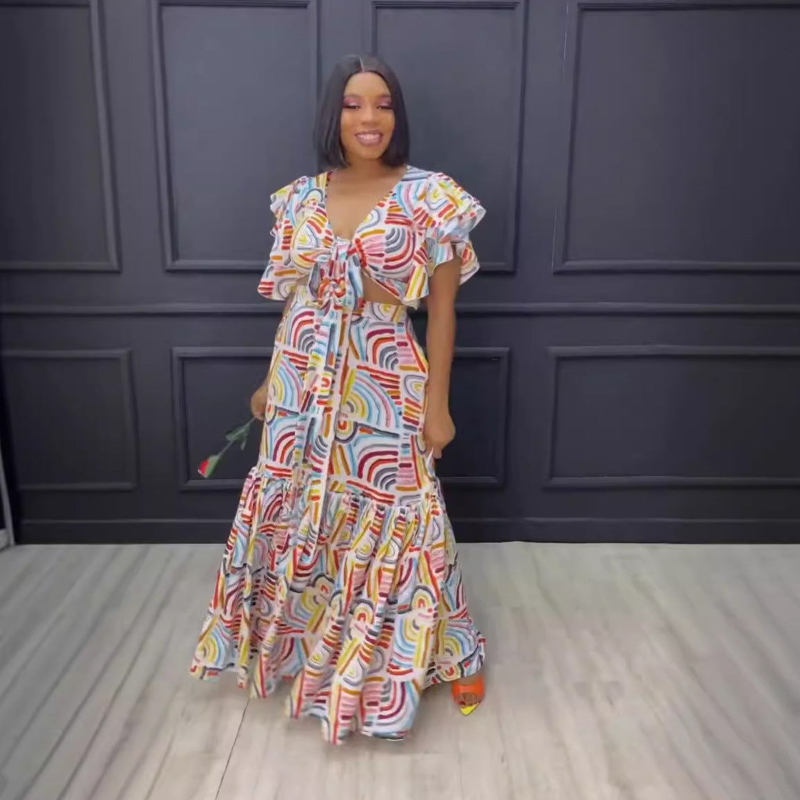 Women Sexy Printed Ruffle Lace-Up Top and Skirt Two-piece Set 4