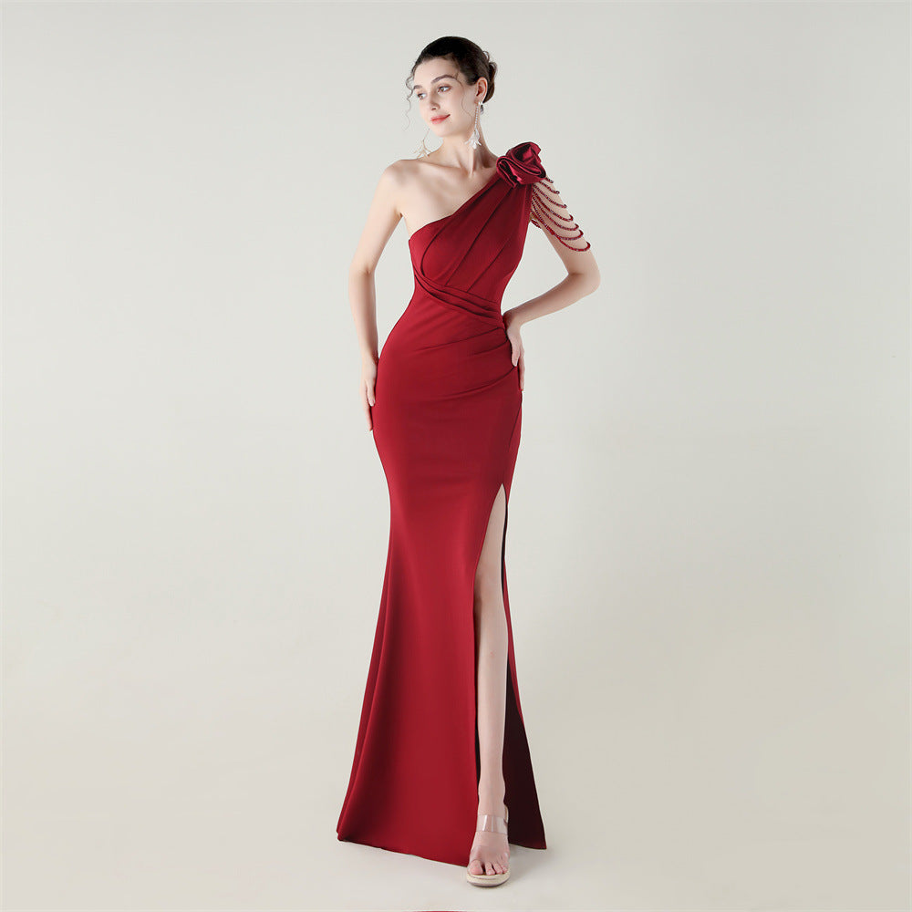 Women one-shoulder flower beaded satin sexy slit evening dress 6