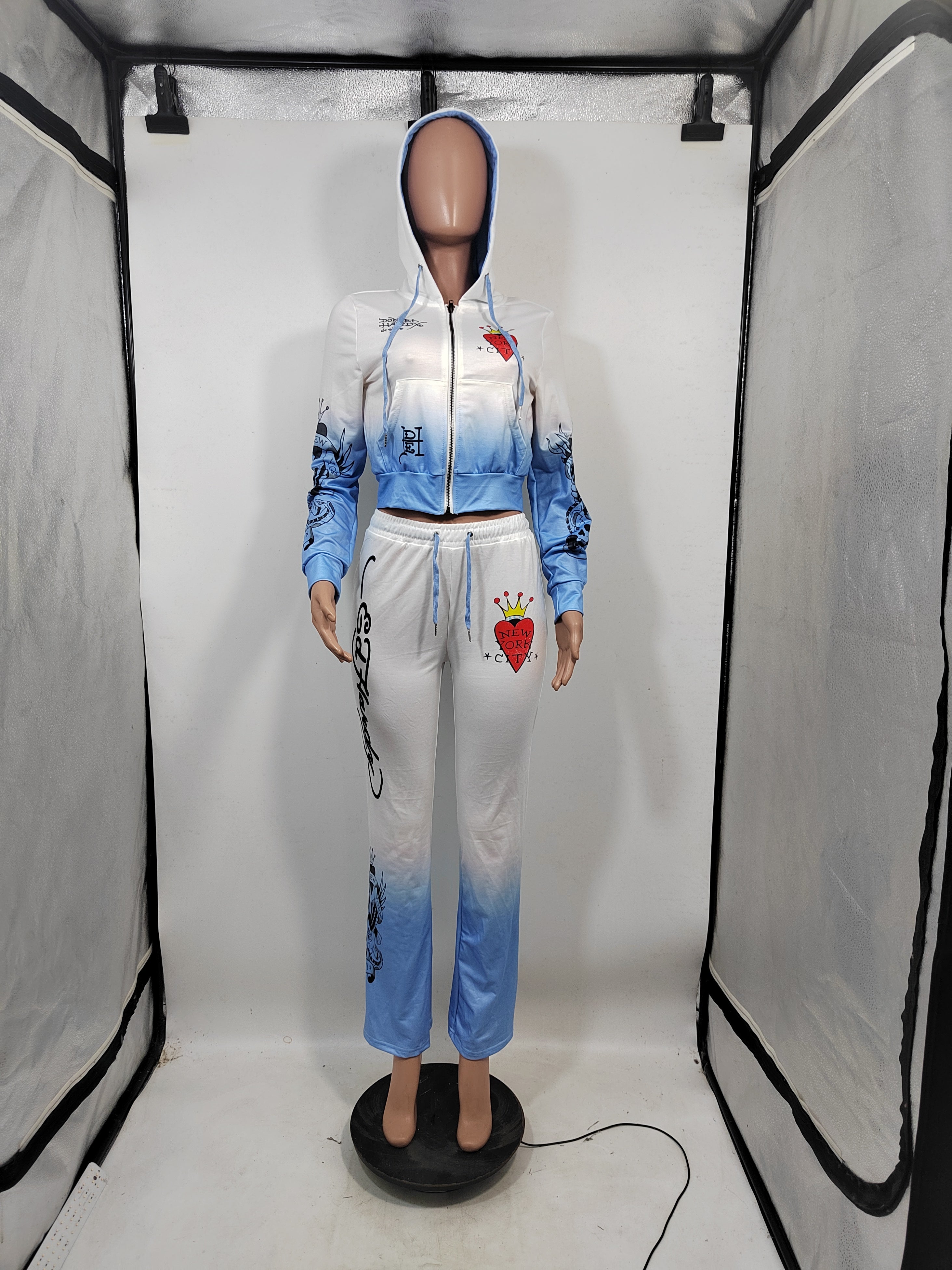 Women's fashion Print zipper hooded Casual two piece tracksuit 7