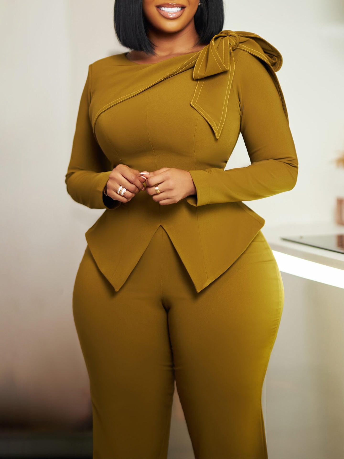 Fashion Women's Winter Fashion Chic Solid Color Long-Sleeved Top Pants African Suit 5