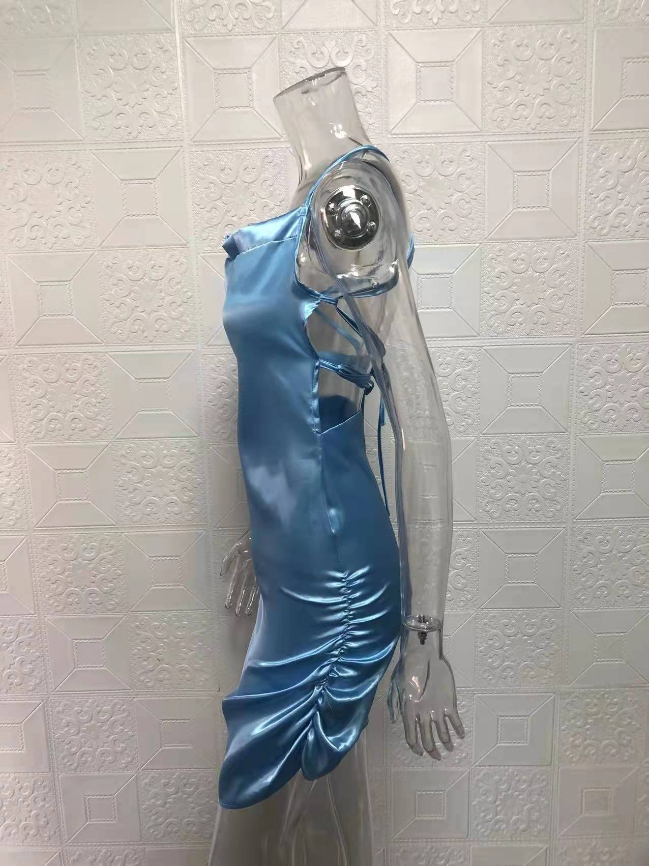 Women Sexy Strapless Pleated Backless Hollow Strap Dress 34