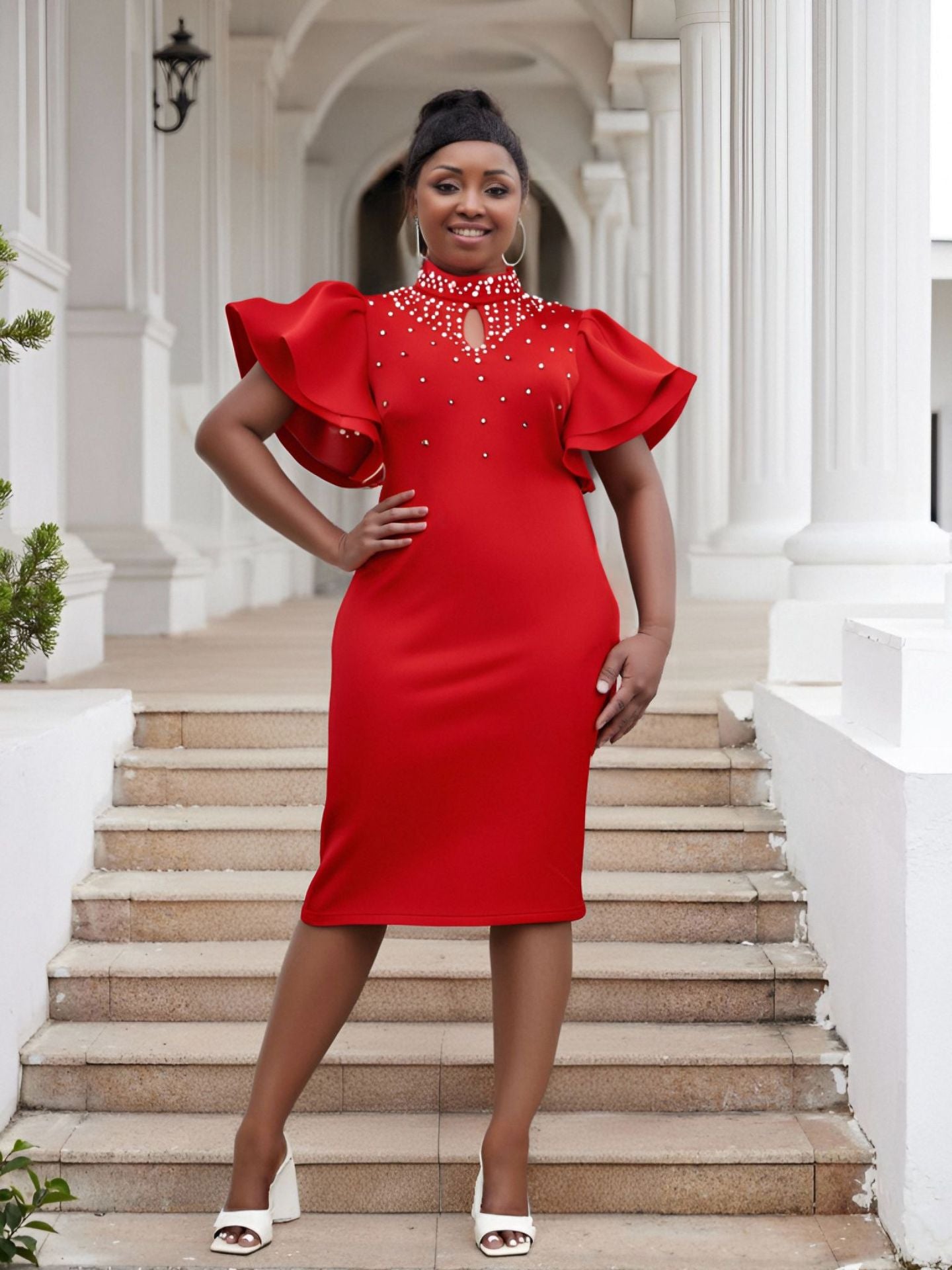 Plus Size fashion women's sexy Ruffle Sleeve Slim Waist Bodycon Beaded Party Evening Dress 12