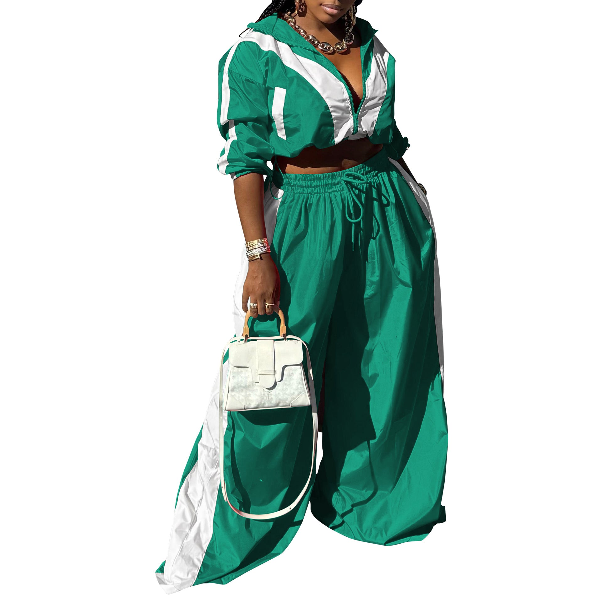 Women Sports Woven Colorblock Top and Pant Two Piece Set 12