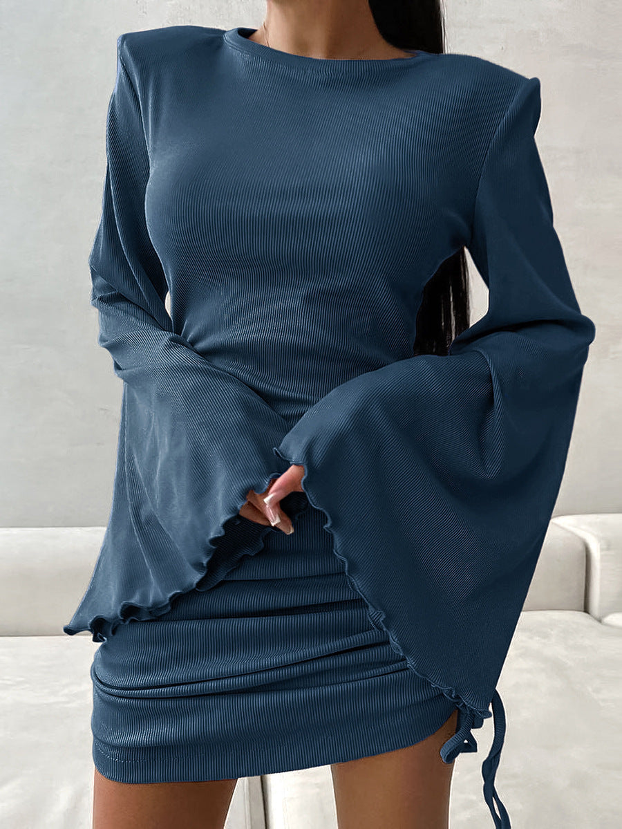 Women sexy Round Neck Bell Bottom sleeve lace-up knitting solid dress 5