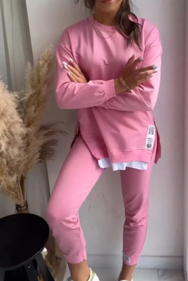 Women Round Neck long-sleeved zipper Top and Pant Two Piece Set 3