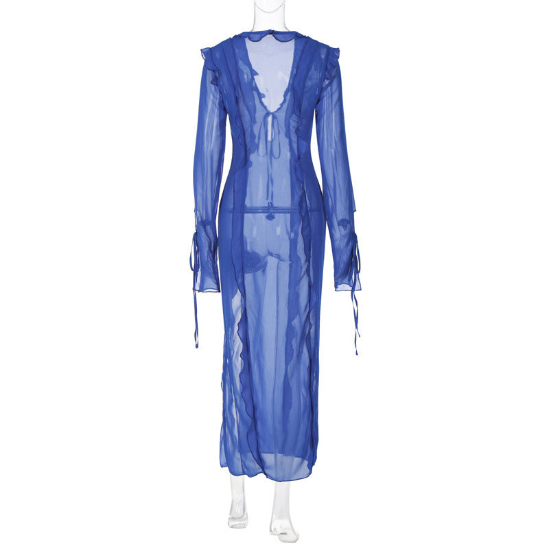 Summer Women Sexy See-Through V-Neck Slit Dress 6