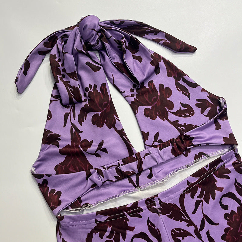 Spring Summer Women's Printed Halter Neck Lace-up Sexy Low-Back Slim Dress 15