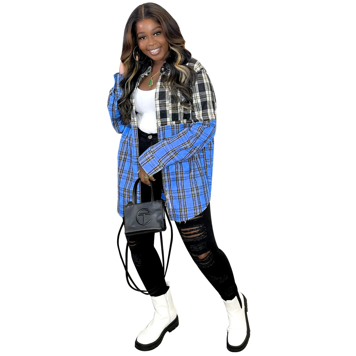 Women's Casual Color Block Patchwork Long Sleeve Shirt Dress 6