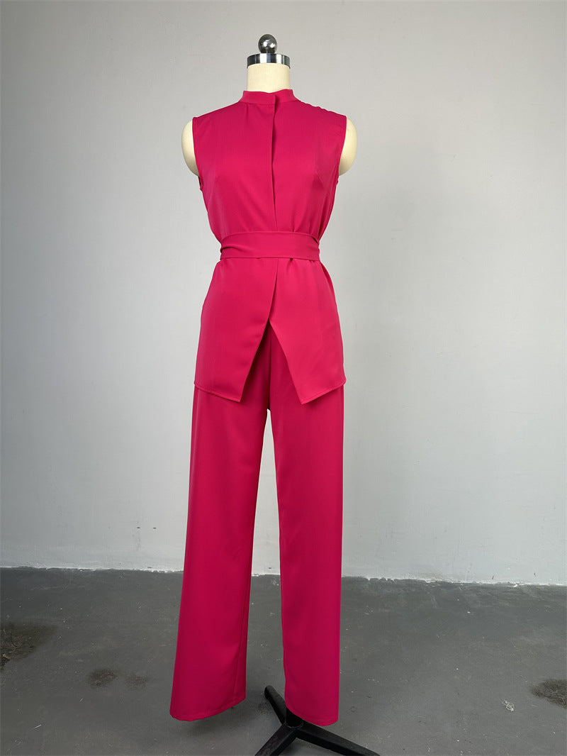 Women's Summer Stand Collar Buttoned Sleeveless Slim Waist Belt Top Wide Leg Pants Two Piece Set 12