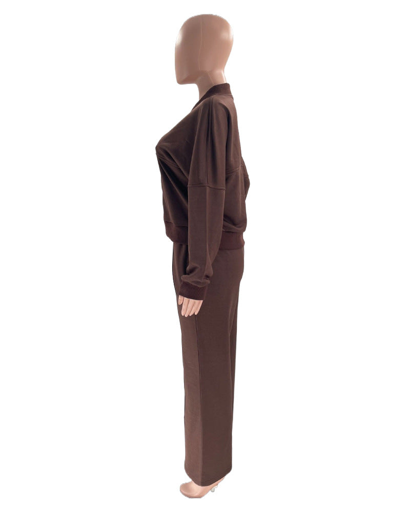 Autumn and Winter Solid Color Zipper Top Women's Fashion Casual Straight Pants two piece set 21