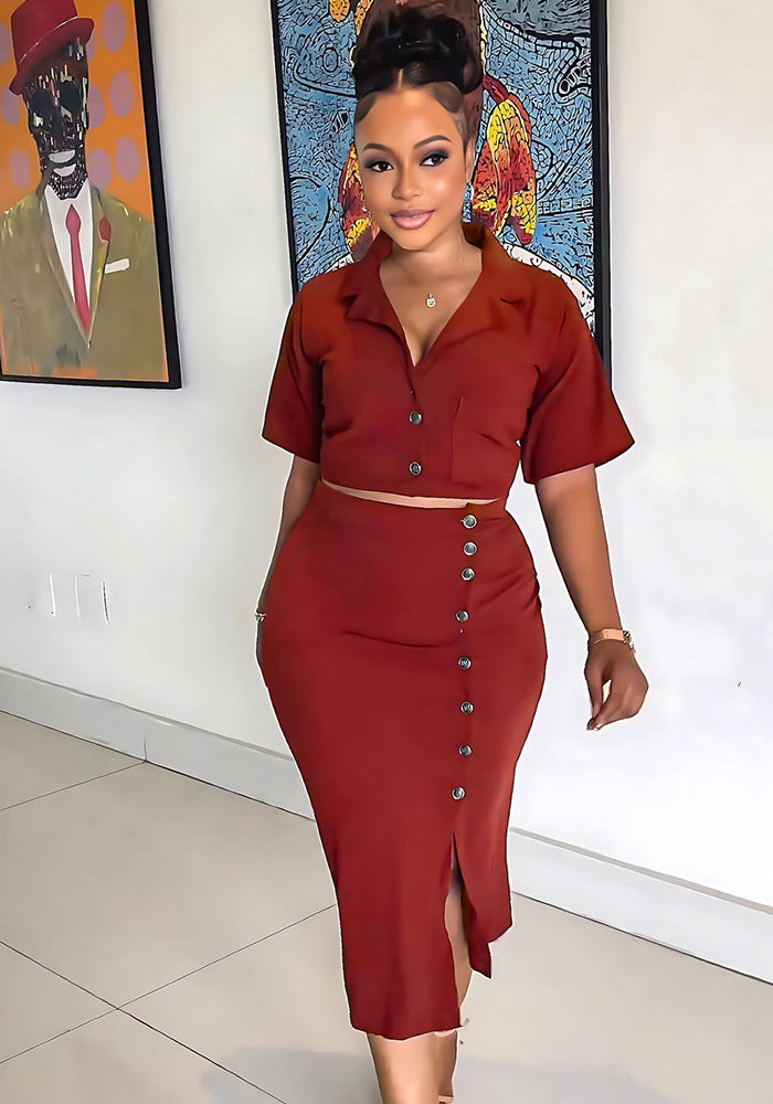 Women Summer Polo Neck Short Sleeve Blazer and Slit Skirt Career Two-Piece Set