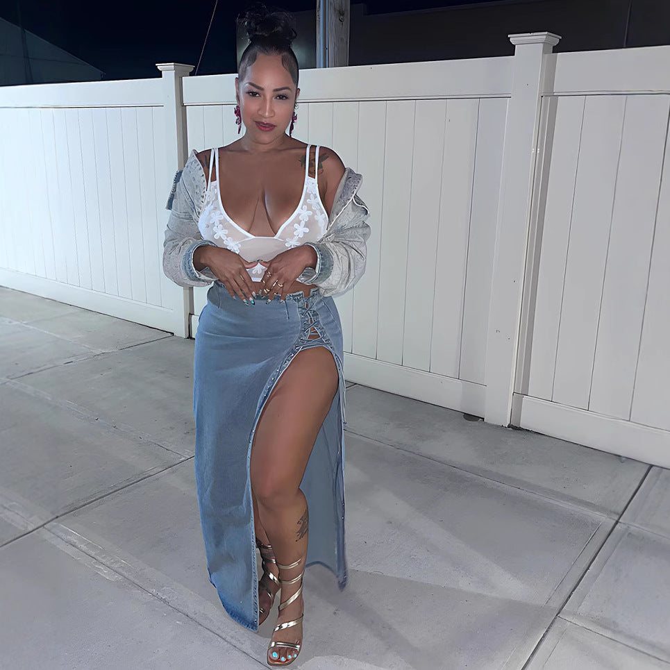 Women tie-dye slit Denim skirt 4