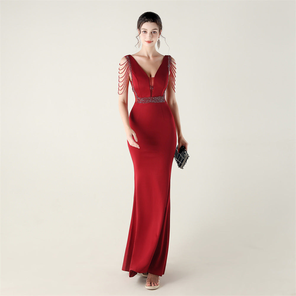 Deep V-Neck Beaded Slim Fit Formal Parties Weddings Evening Dress 19