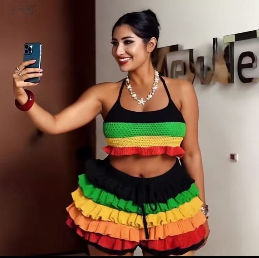 Women Multi-Color Striped Knitting Halter Neck Top and Ruffle Shorts Two-Piece Set 5