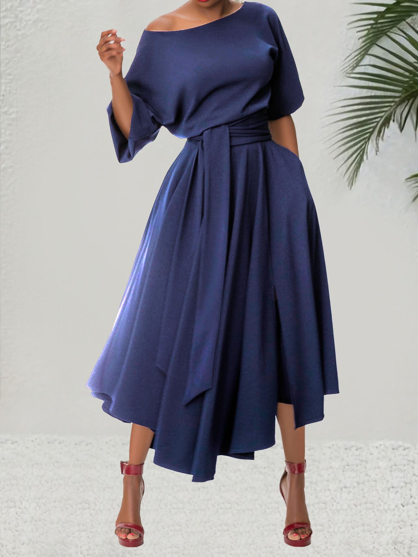 Chic Elegant Solid Color Slash Shoulder Belt Irregular Dress 10