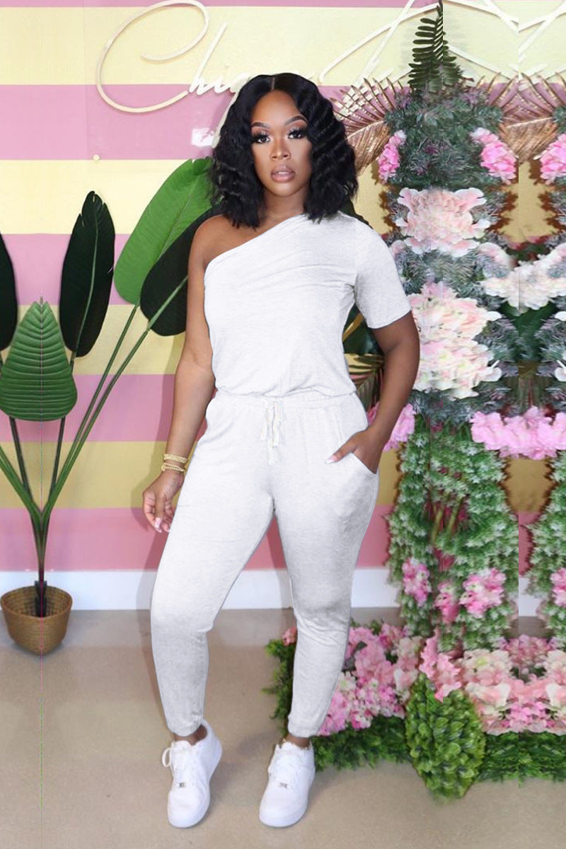 Sexy Women's Slash Shoulder Half Sleeve Solid Color Slim Fit Women's Sports Jumpsuit 13